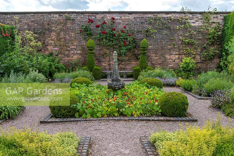 The Herb Garden. A small, formal, walled space planted with herbs, annuals, box topiary and roses. Arley Hall, Cheshire, UK.