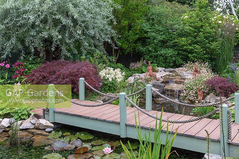 A bridge crosses pond fed by a waterfall, passing a Japanese maple and weeping pear, Pyrus salicifolia 'Pendula'.