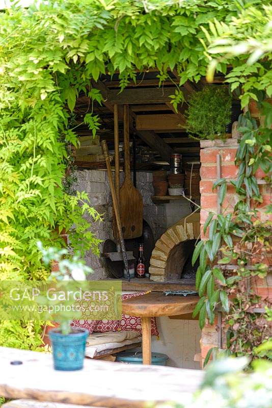 Jasminum officinale - Jasmine 'Fiona Sunrise' and Wisteria around entrance to seating area with a hand built pizza oven in a small courtyard garden. 