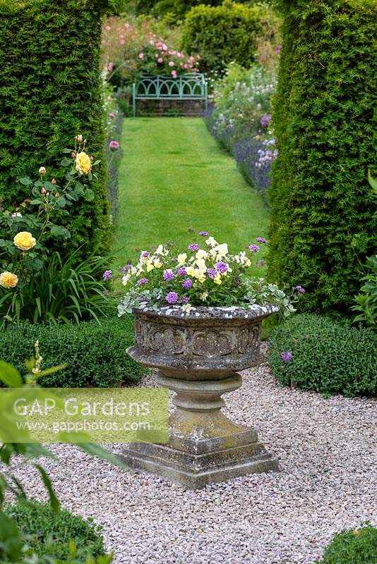 Classic stone urn planted with violas and verbena with view of garden beyond. 