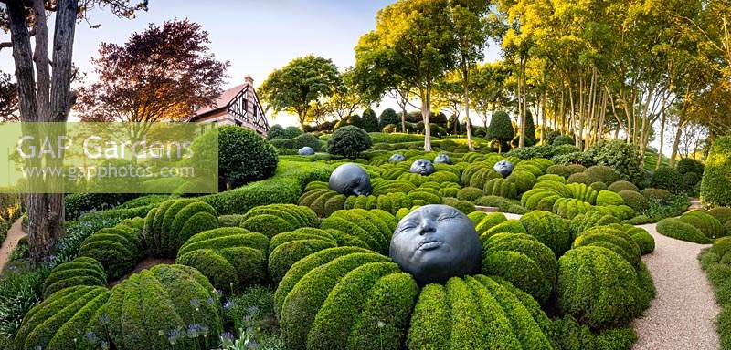 Clipped box surround upturned faces of Samuel Salcedo's 'Des Gouttes des Pluie' in  Les Jardins d'Etretat, Normandy, France.