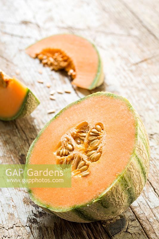 Melon 'Retato' cut open to show skin, flesh and seeds