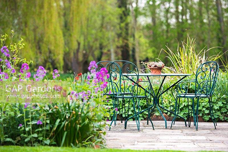 Seating area with blue metal table and chairs beside spring borders with tulips and Erysimum.
