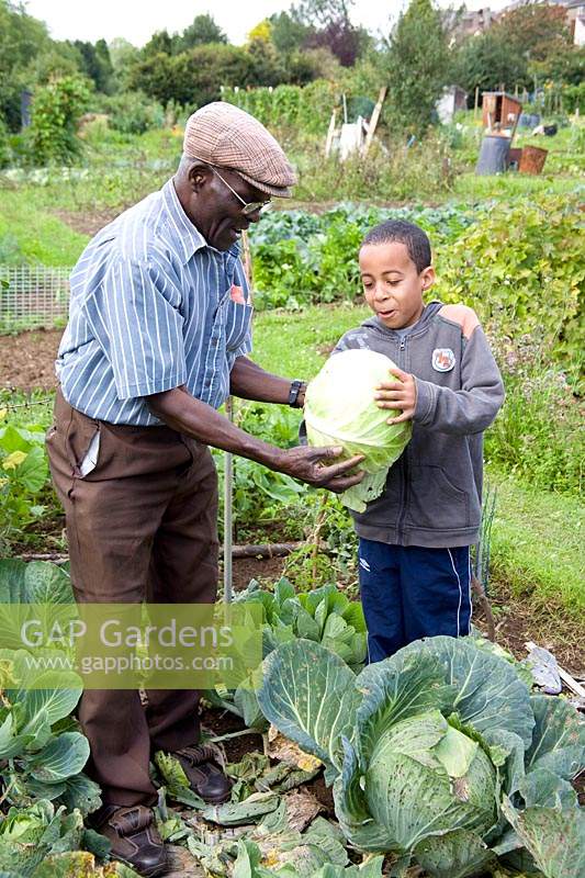 Man giving his grandson a huge Cabbage to hold