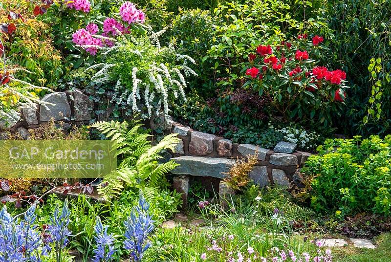 Raised border of shrubs including Rhododendrons,  Spirea and Dogwood above water outlet from natural spring, feeding into a stream edged with Ferns, Euphorbia, Fritillaria meleagris, Lychinis flos-cuculi 'Petite Jenny' and Camassia leichtlinii - RHS Malvern Spring Festival