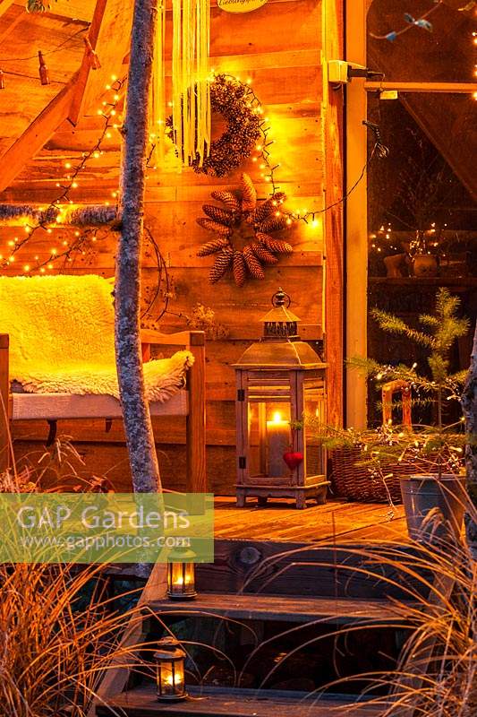 Garden room decorated with fairy lights for Christmas in December 