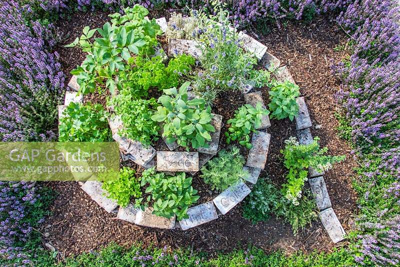 Finished Brick spiral herb garden viewed from above