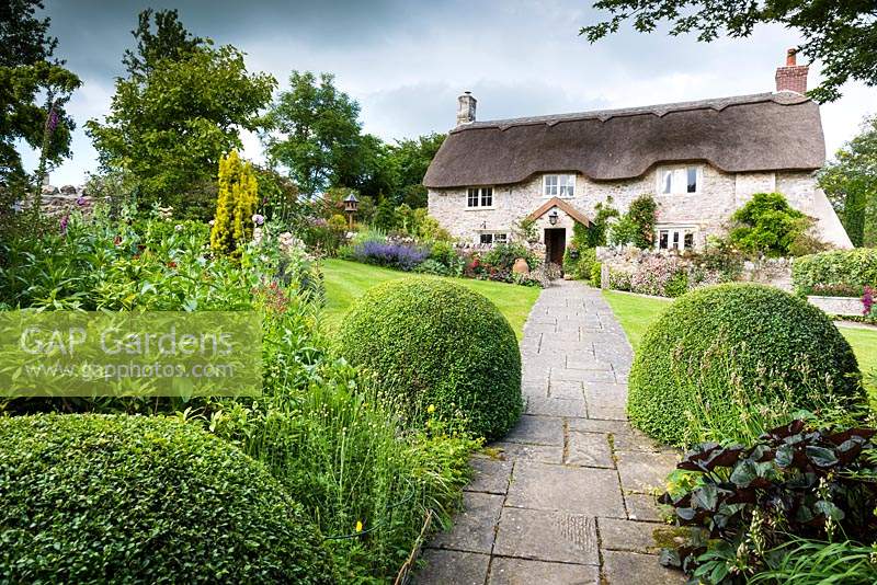 Path framed with clipped box leading towards the thatched farmhouse 