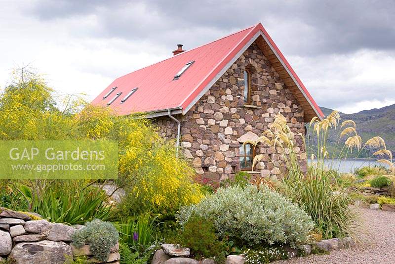 Contemporary stone and wood house with corrugated tin roof, surrounded by bold planting including Cortaderia richardii, cistus and willow. 
