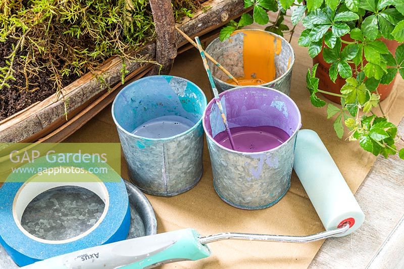 Tools and materials required to make a painted wooden planter