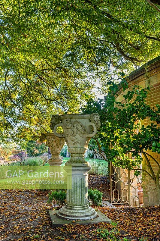 Giant historic urns in Faith's Garden at Hever Castle in Kent, UK. 
