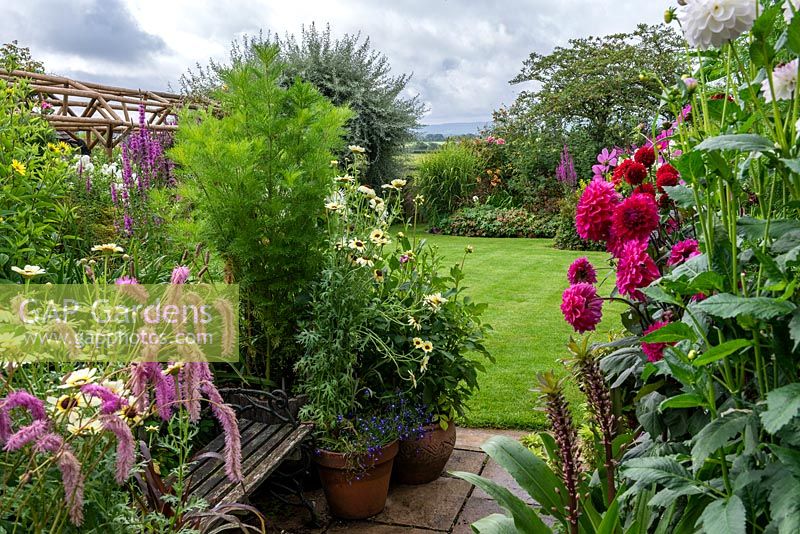 Looking out from a half-acre country garden over dahlias, a rustic pergola, lawns and borders of summer perennials, to a rural vista of Blackmore Vale.