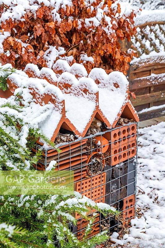 Insect house in Winter with dusting of snow