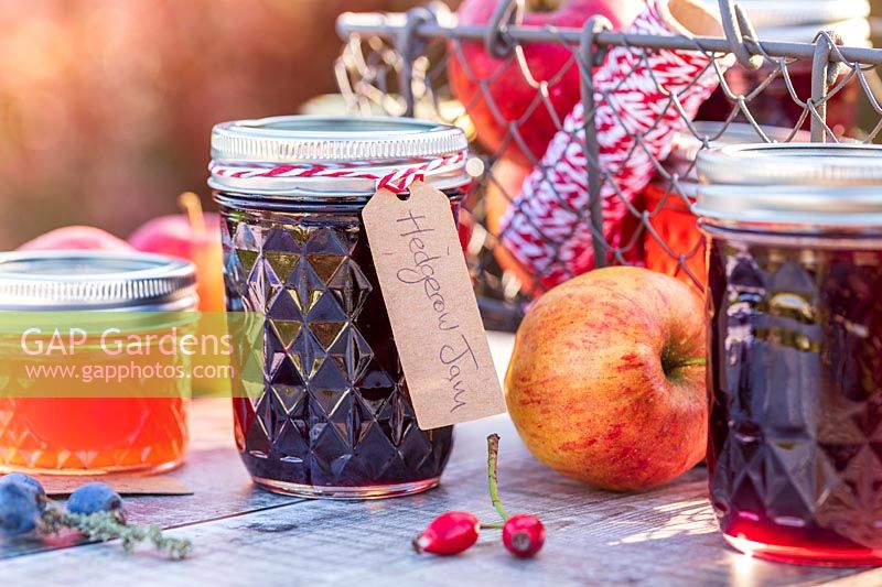 Selection of jams and jellys in Autumn with apples - english labels