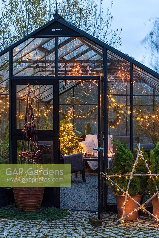 Greenhouse decorated for Christmas with tree, fairylights and candles - seen from the outside