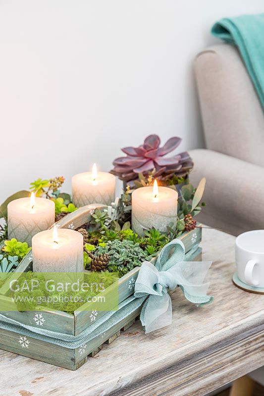 Advent arrangement in a wooden box with carved pillar candles and succulents on coffee table. 