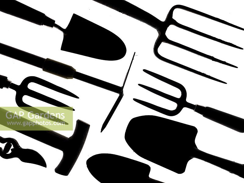 Collection of  garden tools on a white background Secateurs, garden Sieve seed dibber fork loppers and hand Trowels