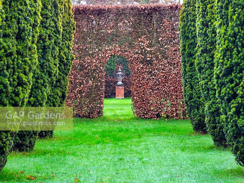 View along the Green Court garden at East Ruston Old Vicarage, Norfolk, UK. 