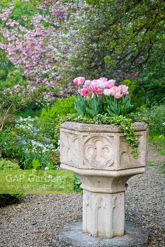Stone urn in Cotswold Manor House Garden.