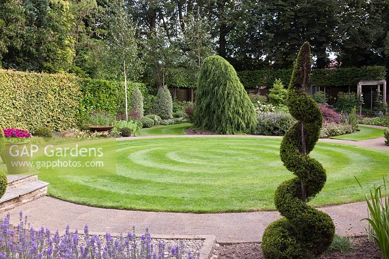 View past spiral topiary to curving gravel path around circular lawn.
