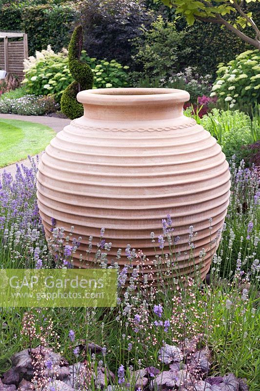 Large decorative terracotta pot surrounded by Heuchera 'Silver Scrolls' and Lavandula angustifolia - July, Cheshire