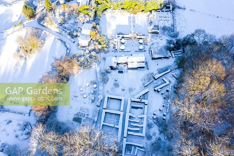 Aerial view of Veddw House Garden, Monmouthshire, Wales, UK.