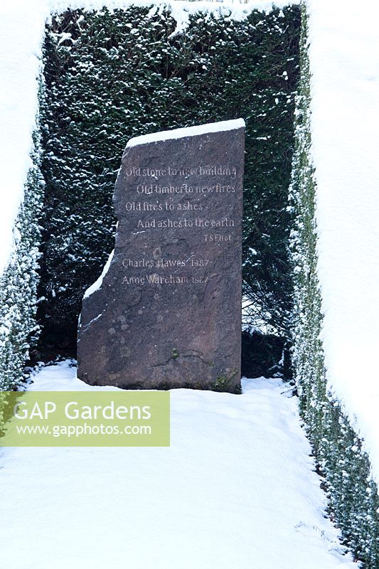 Memorial stone in the hedge garden carved by Caitriona Cartwright. Garden - Veddw 
