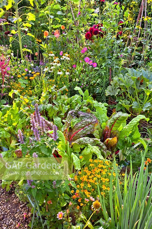 Vegetables combined with annuals and perennial flowers to attract beneficial wildlife.
