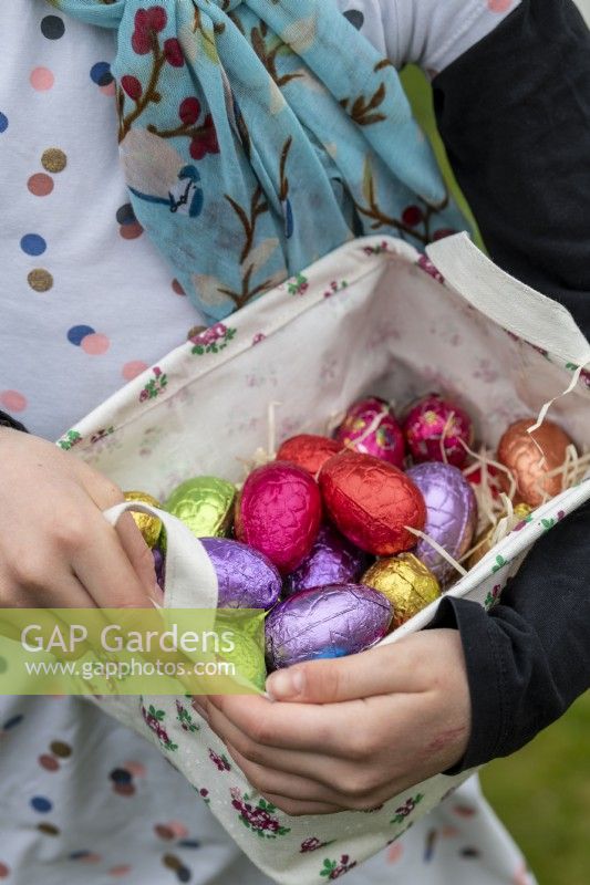 Child collecting colourful Easter eggs from Box hedge