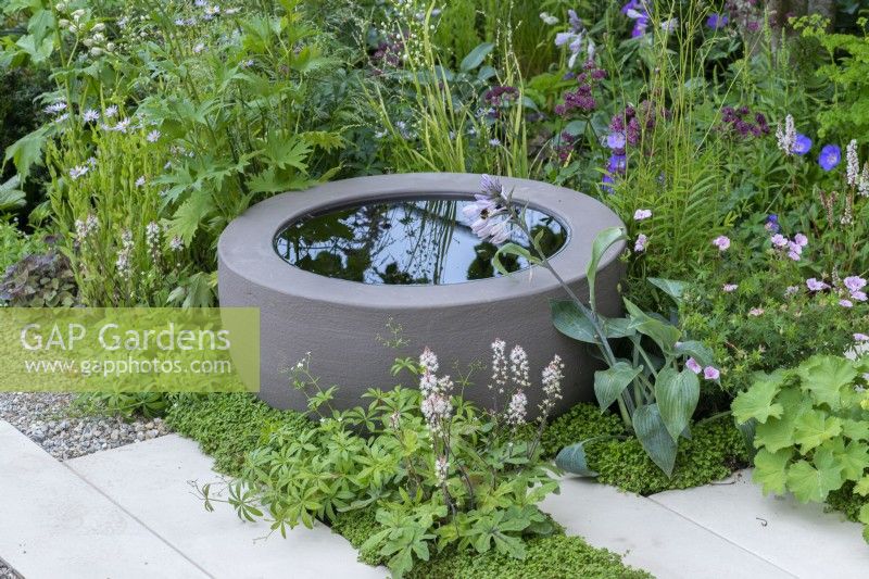 The Communication Garden. A water bowl from Urbis Design planted amongst hardy geraniums, astrantias, hostas, alchemilla, tiarellas and mind-your-own business.