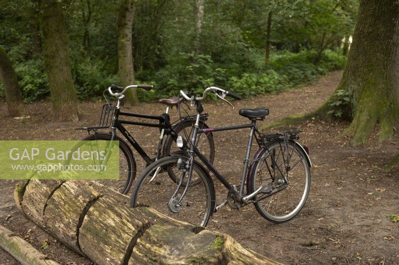 Upcycling - a tree trunk converted in to a bike rack in a forest near Soest, The Netherlands. 