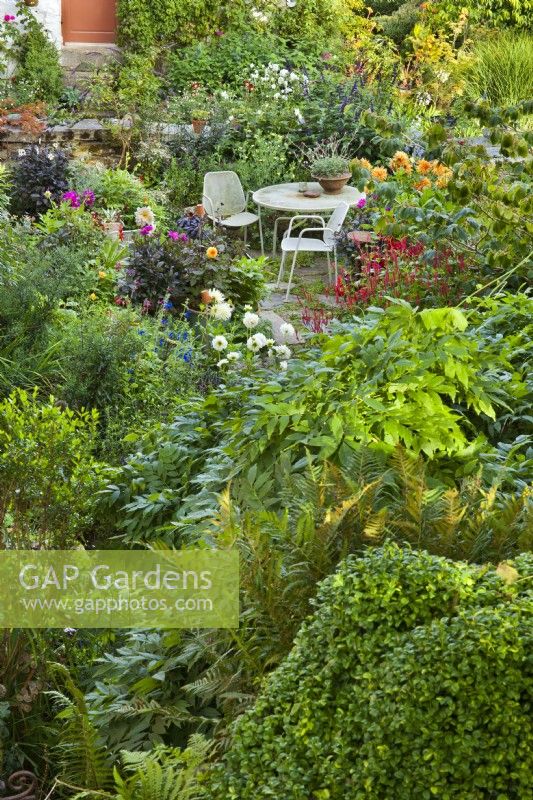 View over full mixed beds to small seating area surrounded by plants. 