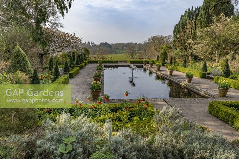 View of the Italian garden pool in Spring - April