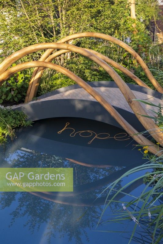 The BBC One Show and RHS Garden of Hope. Arched bridge with sculptural timber rails over tranquil pool with HOPE written in lighting in the water. Marginal planting includes marsh marigold, Caltha palustris, and white persicaria.