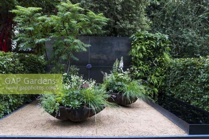 Stolen Soul Garden. Three sculptural, scalloped, wooden containers, with mainly green and white planting stand on a bare surface, with black wall behind, set with an amethyst crystal in the centre. Plants include a stag's horn sumach tree, Rhus typhina, astrantia, evergreen foliage, delphiniums, nepeta, and grasses.