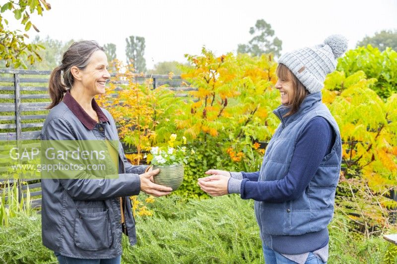 Woman giving a small pot of Pansies to a friend