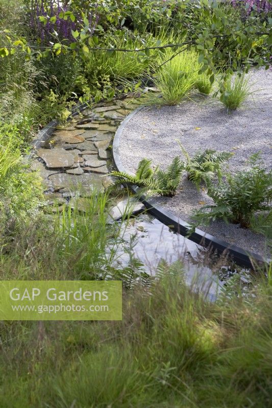 The Cancer Research UK Legacy Garden. Designer: Tom Simpson. Shallow stream with flat large stone base. Bordered with soft naturalistic planting of grasses, euphorbia and ferns with gravel area to one side. RHS Hampton Court Palace Festival 2021