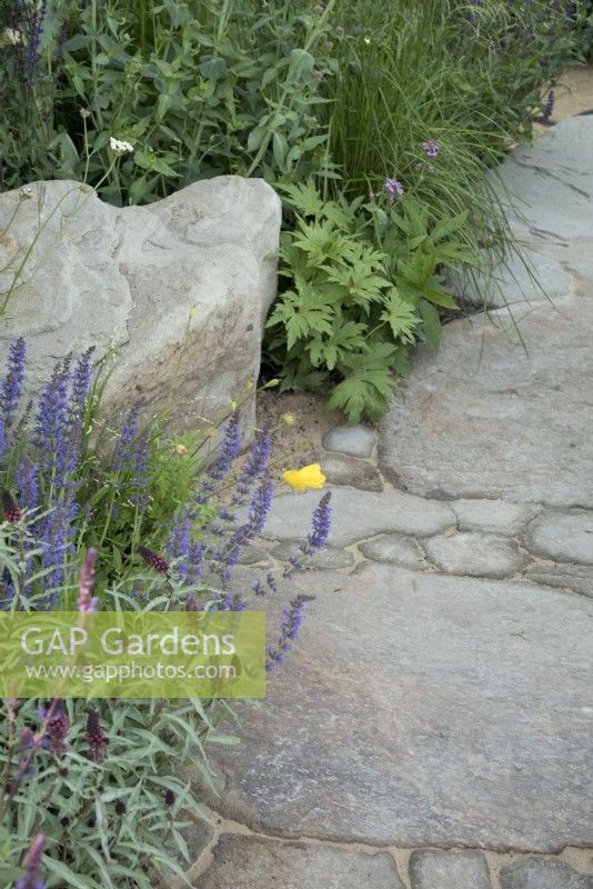 natural pathway with large stone boulder and random mixed size cobble stone path.