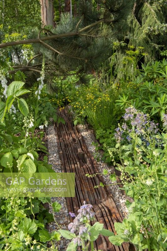 Lush green planting with rust effect feature made from Medite Smartply, a sustainable and innovative wood-based panel product  - Medite Smartply Building the Future, RHS Chelsea Flower Show 2022