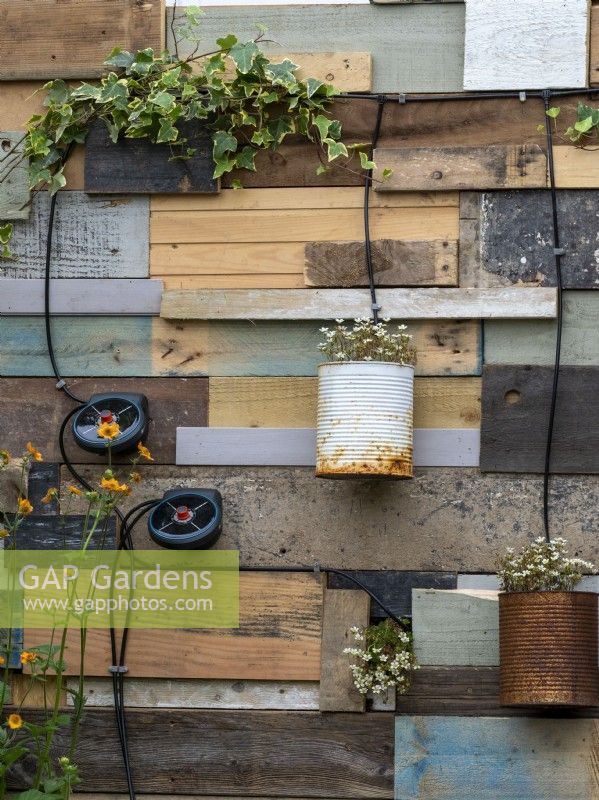 ReThink garden featuring reused items such as cans and wood demonstrating a sustainable watering system