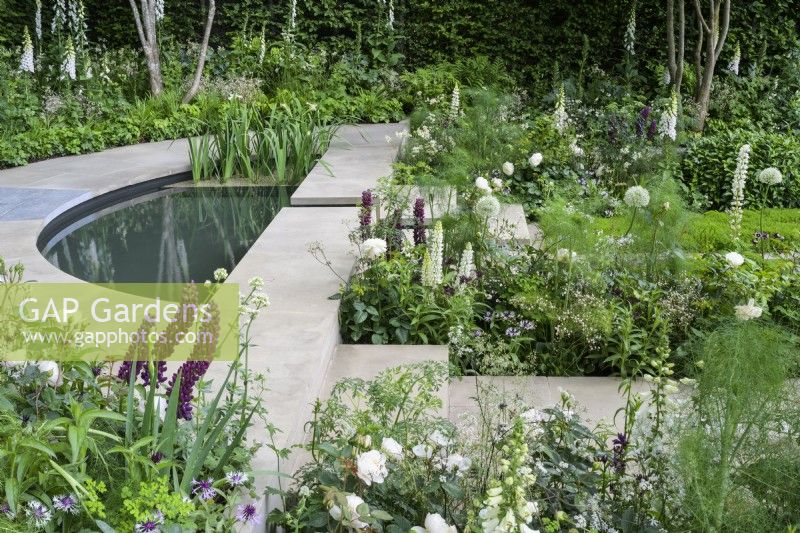Semi-circular pond surrounded by stone  paving and green and white herbaceous planting - The Perennial Garden With Love