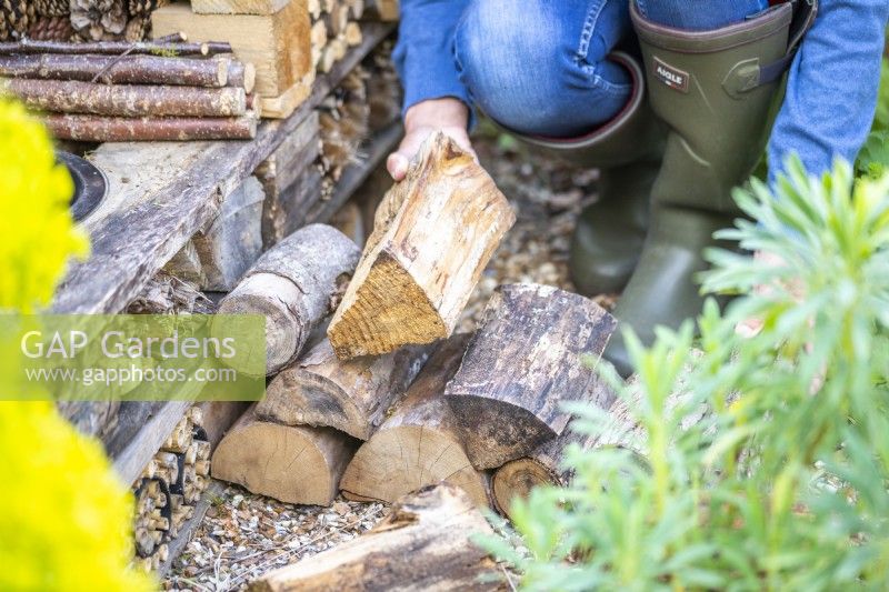 Woman placing logs as stairs leading to the basin of water