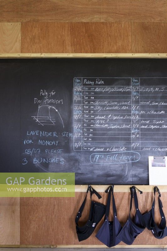 Blackboard with picking rotas at a flower farm