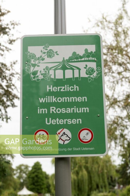 Uetersen Germany
Herzlich willkomen im Rosarium Uetersen. 
welcome sign with rules, no cycling, dogs on a lead and dont feed the wildfowl 