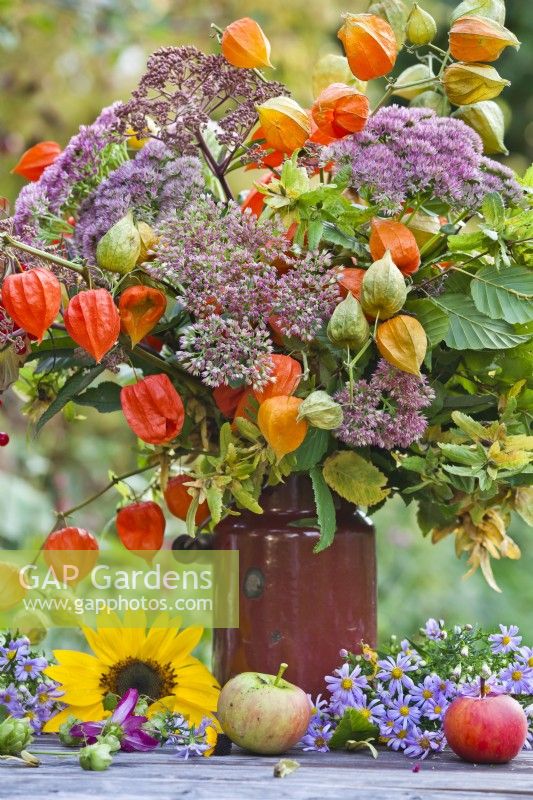Autumnal bouquet containing chinese lantern and sedum in milk can on the table.