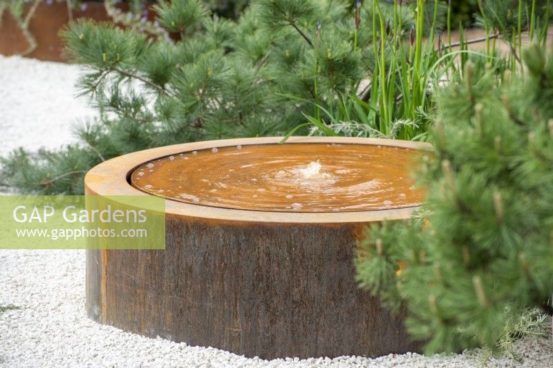 Circular corten steel water table - The Vitamin G Garden, RHS Malvern Spring Festival 2022