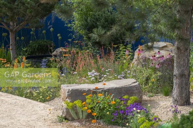 A large boulder, edged by euphorbia, marigolds and Verbena rigida, overlooks a raised circular pool of water, set into a gravel garden of colourful perennials such as kniphofia, salvias, sea holly and coreopsis. 