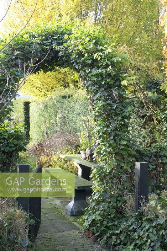 Overgrown arch and gate to garden.