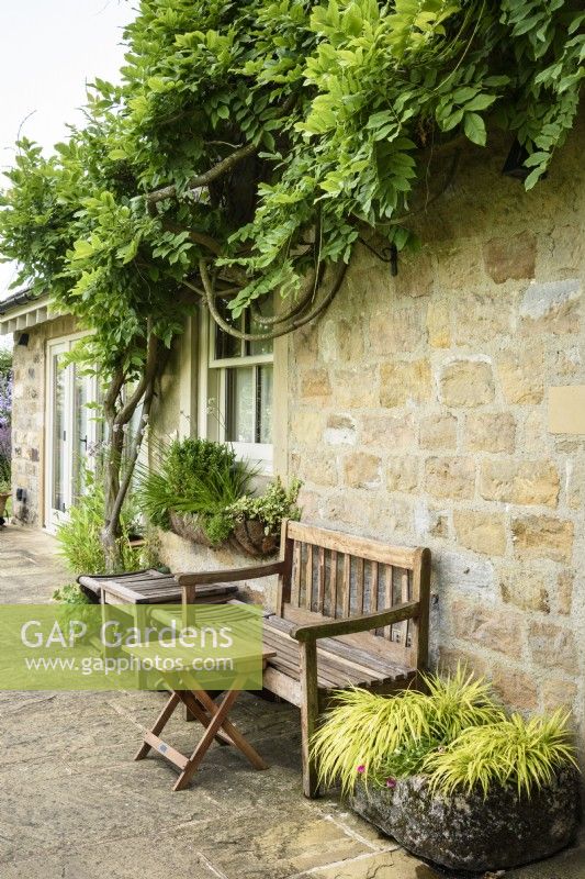 Bench and table surrounded by troughs of plants at Cow Close Cottage in North Yorkshire in July