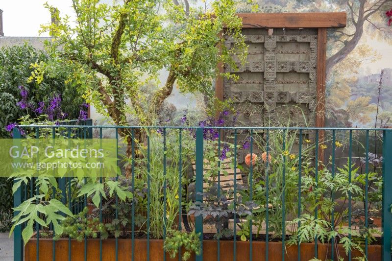 Corten steel containers with late summer perennials growing through railings, with old Indian door and wall mural - Arcadia, RHS Chelsea Flower Show 2021